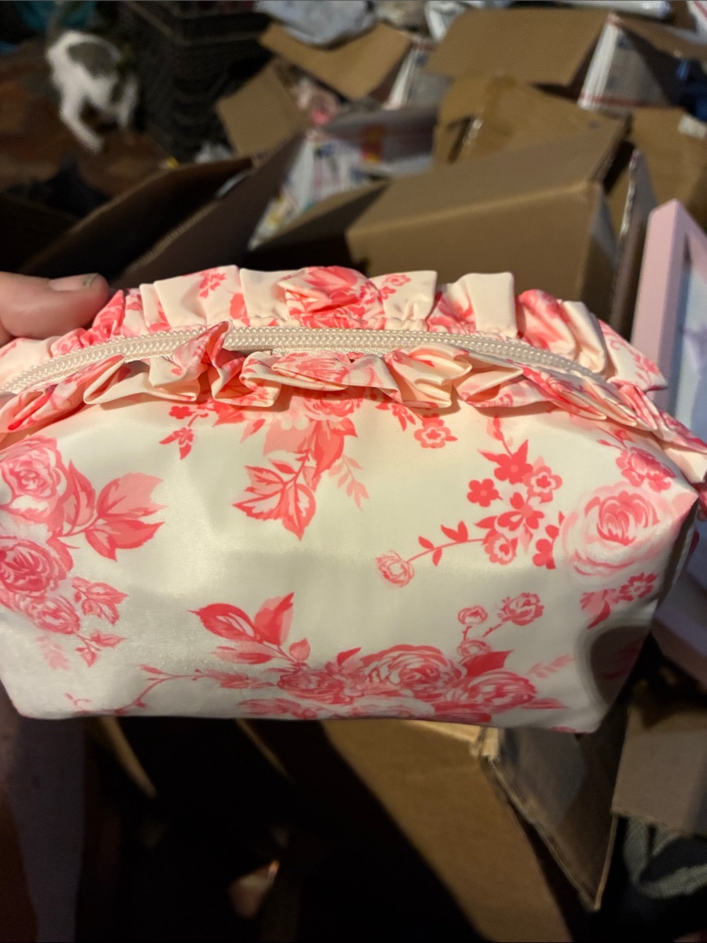 art class Pink Floral Ruffle Cosmetic Bag on Cream